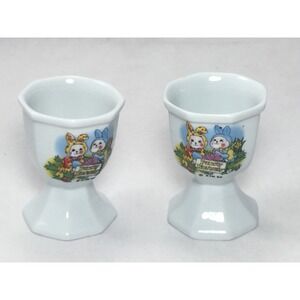 Vintage 1992 Funny Bunnies Ceramic Egg Cups Set of 2 Easter Bunny KIN 92 White
